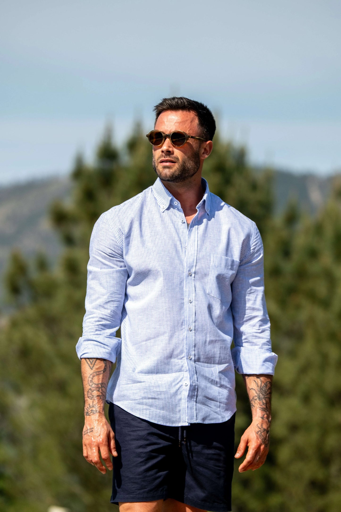 Camisa risca ultra fina - Azul