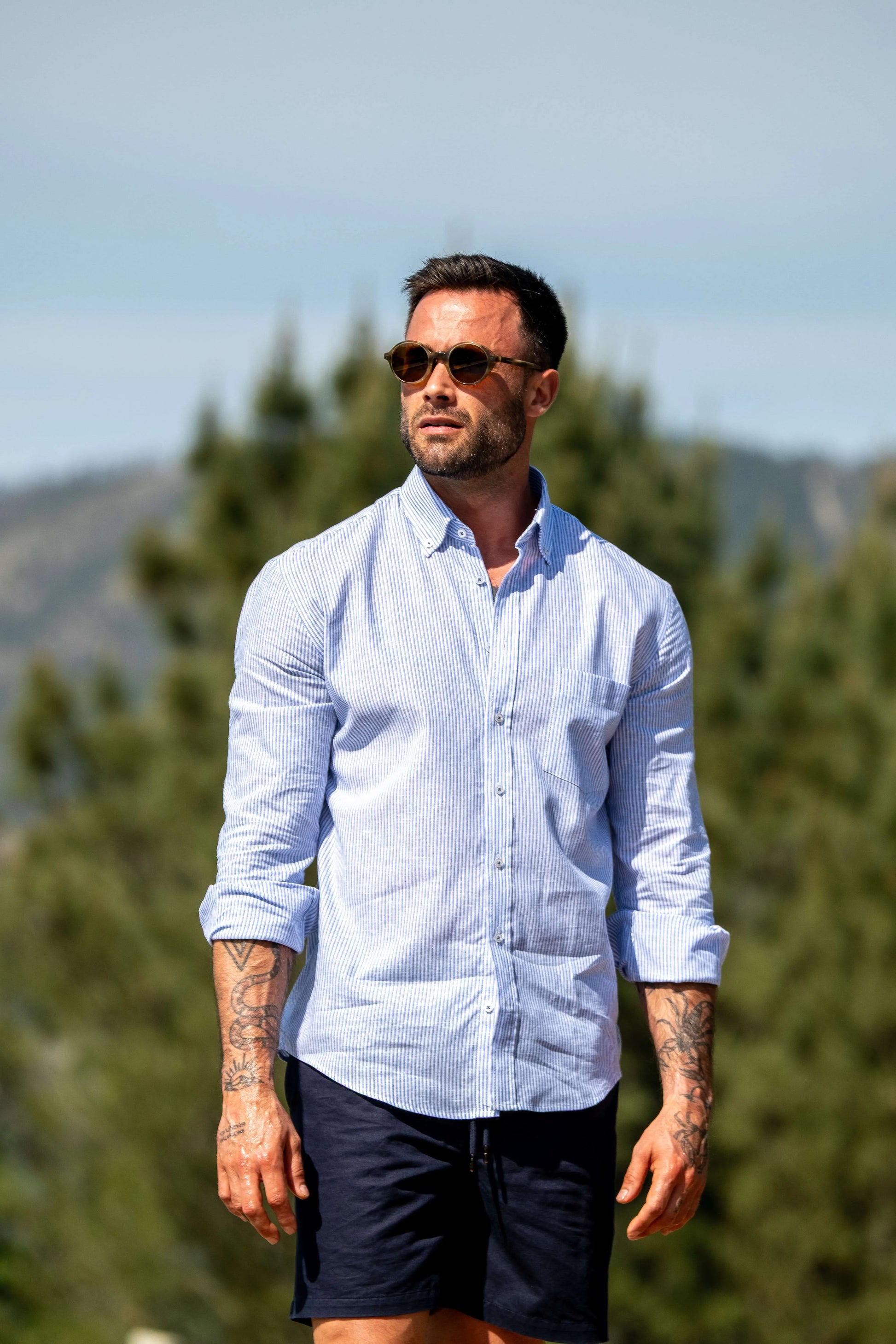 Camisa risca ultra fina - Azul